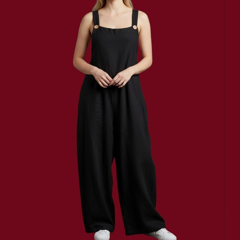 Vtg DACESLON Oversized Baggy Linen Blend Wide Leg Black Overall Jumpsuit